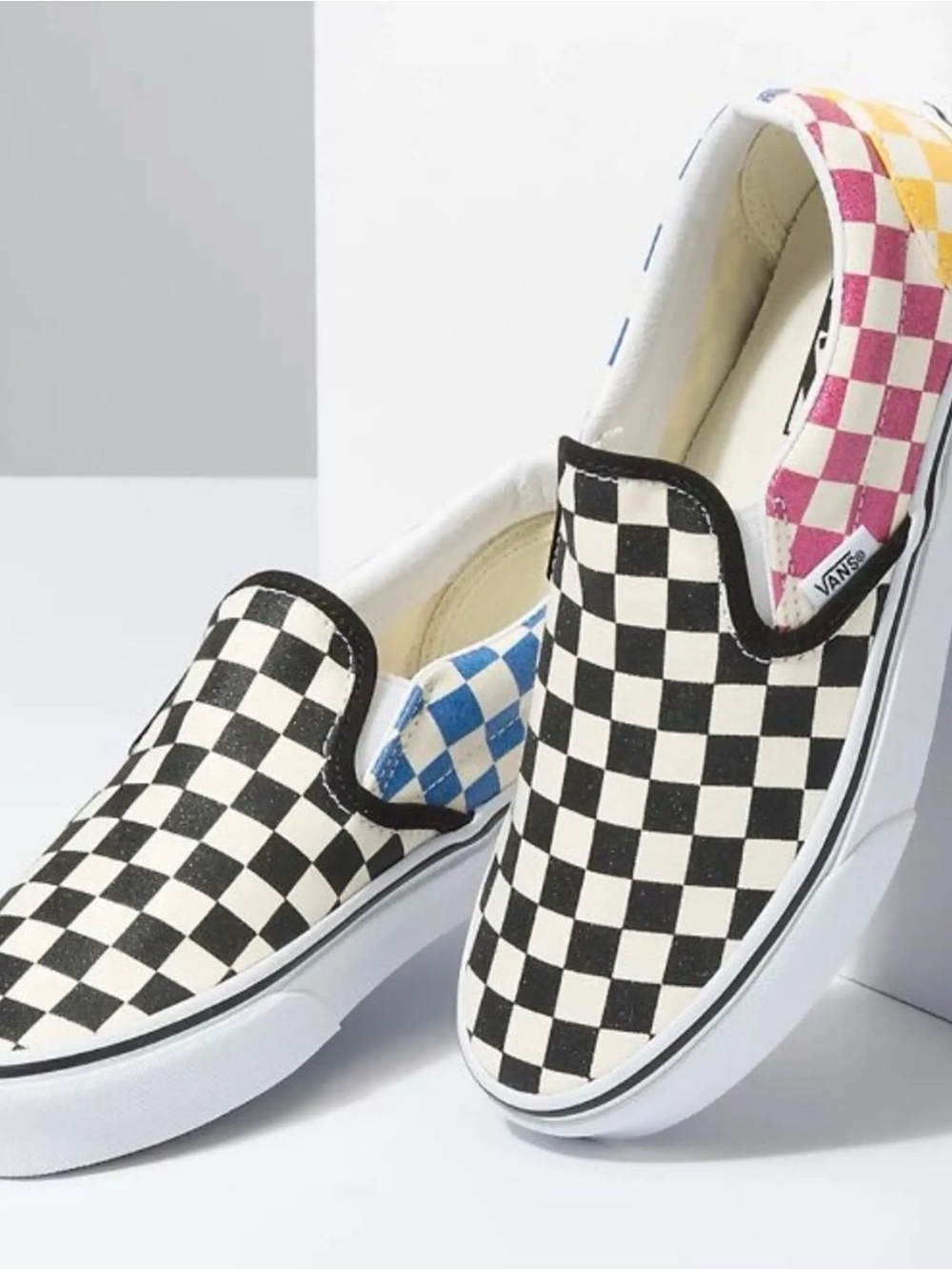 Vans Classic Slip-on Sneakers Rainbow GLITTER Check Women’s Size 7 Black & White